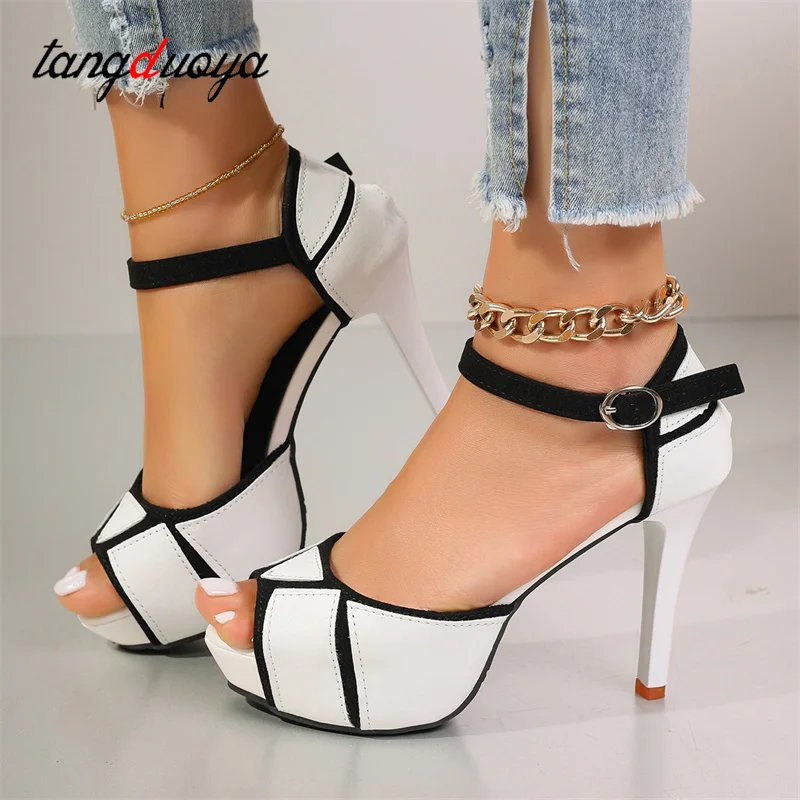 New 2024 Summer Black Chunky Heel Stiletto Open Toe Waterproof Platform Buckle High Heel Women\'s Sandals White Shoes