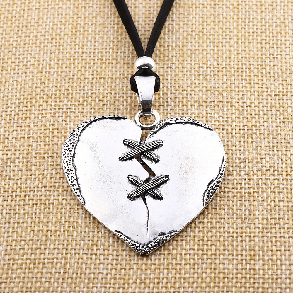 Tibetan Silver Large Crack Broken Sutured Heart Pendant Necklace on Long Black Suede Cord Lagenlook 32‘’ for Jewelry Women