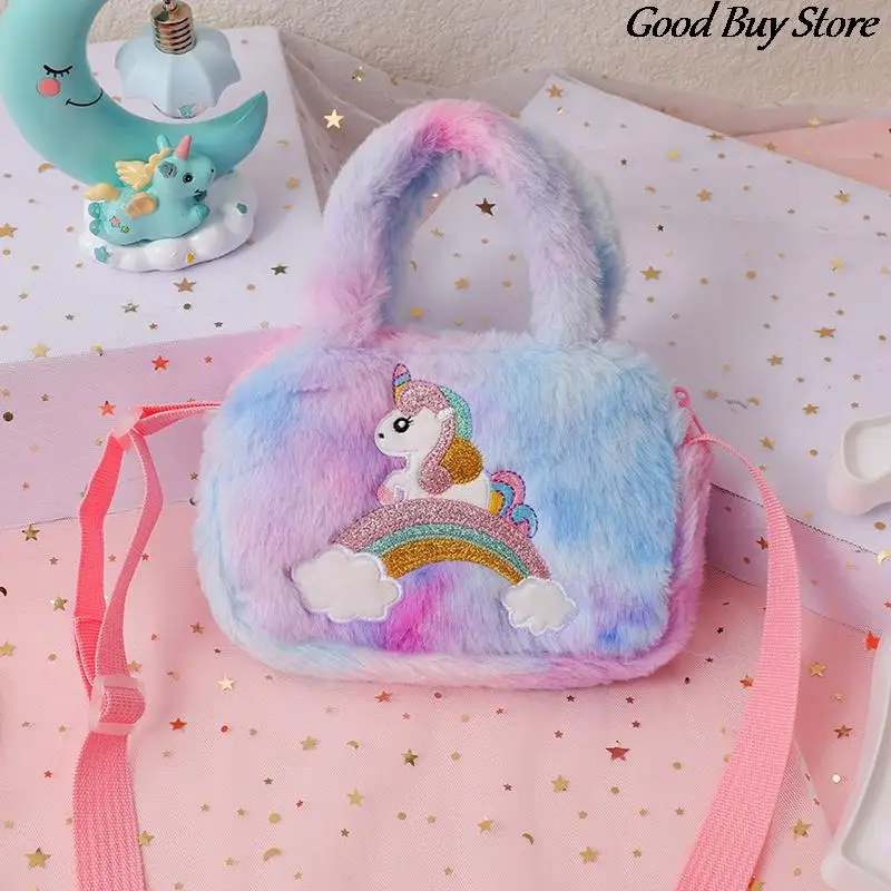 Rainbow Unicorn Plush Shoulder Purse Cartoon Handbags Girls Suede Crossbody Bags Cute Mini Storage Bag Children Kids Fur Totes