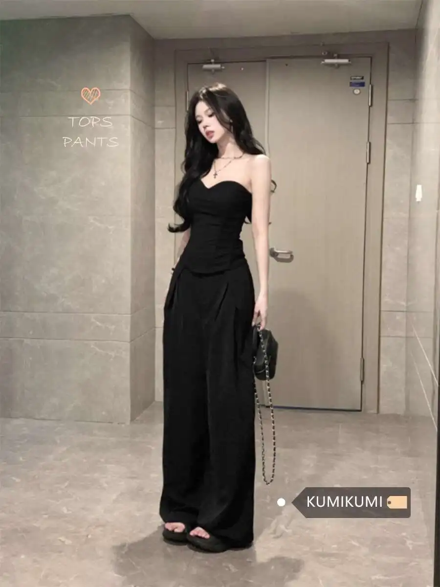 

High Waist Wide Leg Pants Women S 2 Piece Casual Outfits Short Sleeve Crop Tops Solid Color Suit Pants Sets
