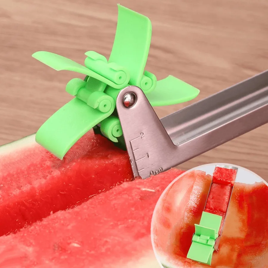 Faca de melancia em aço inoxidável, design de catavento, fácil de cortar, fatias de melancia, utensílios de cozinha, salada, ferramenta de faca de corte de frutas
