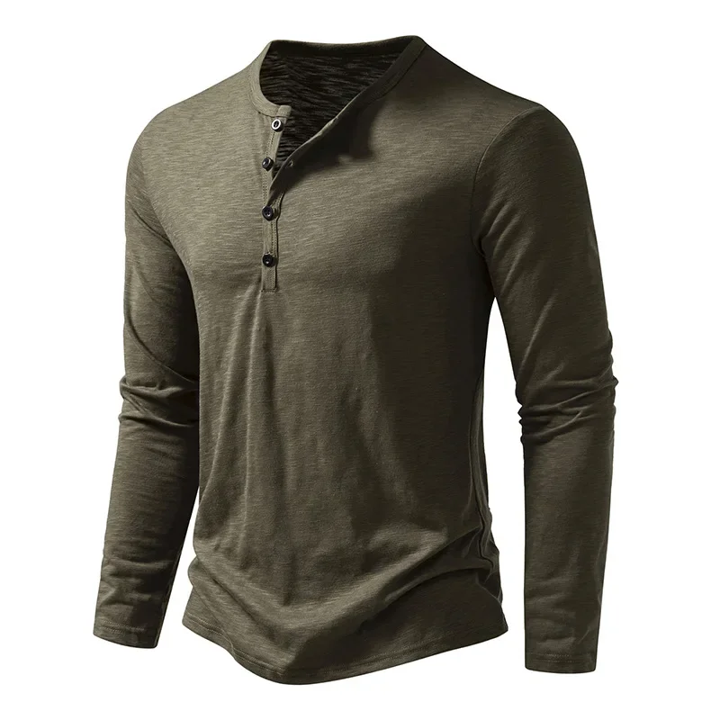 Herbst Neue männer Baumwolle Taste Langarm Henley Neck T-Shirt Casual Einfarbig Atmungsaktive Vielseitige Mode Dünne T-Shirts – Detail 15