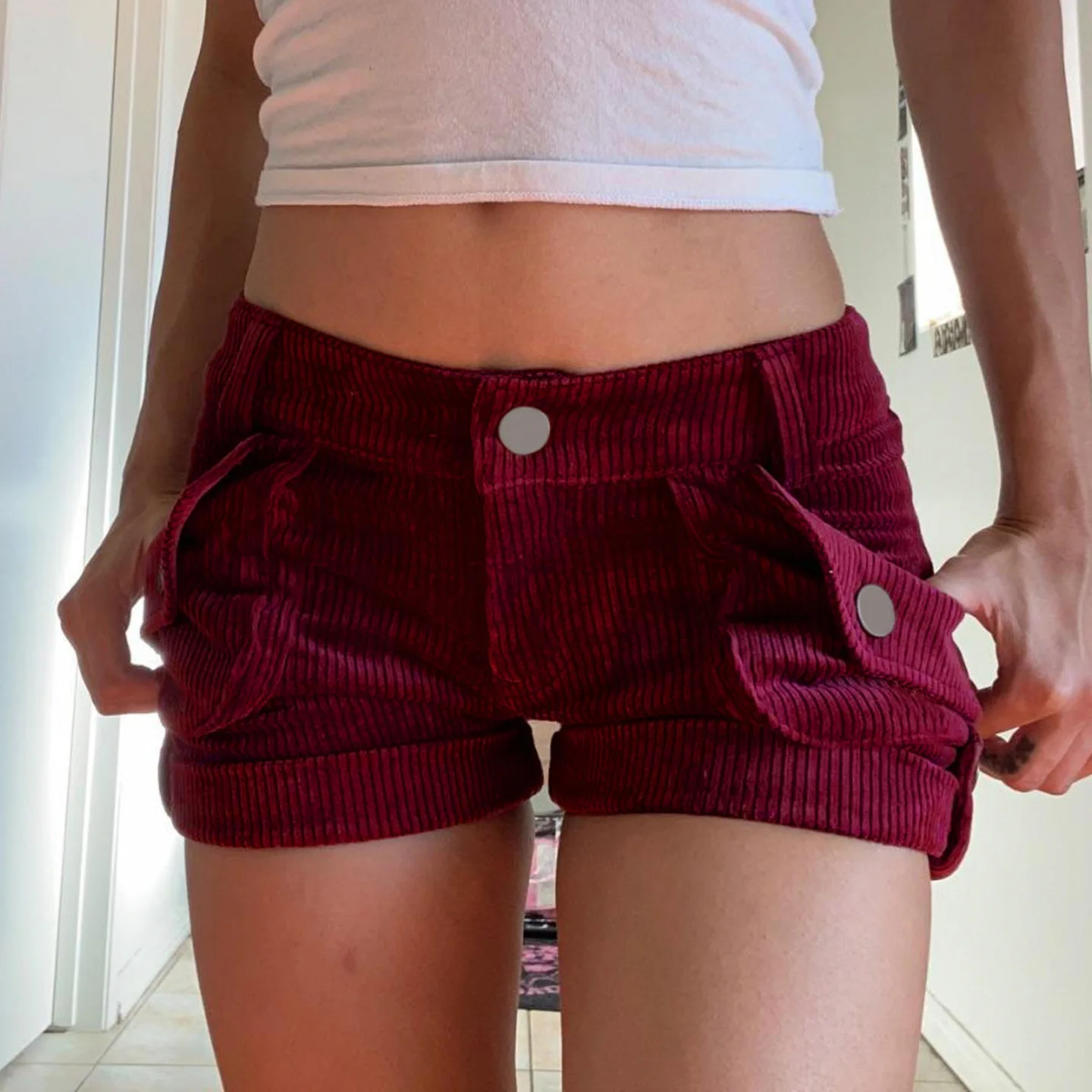 Burgundy Corduroy Casual Shorts Autumn New 2026 Spice Girls Sexy Low Waist Skinny Pocket Retro Hot Pants
