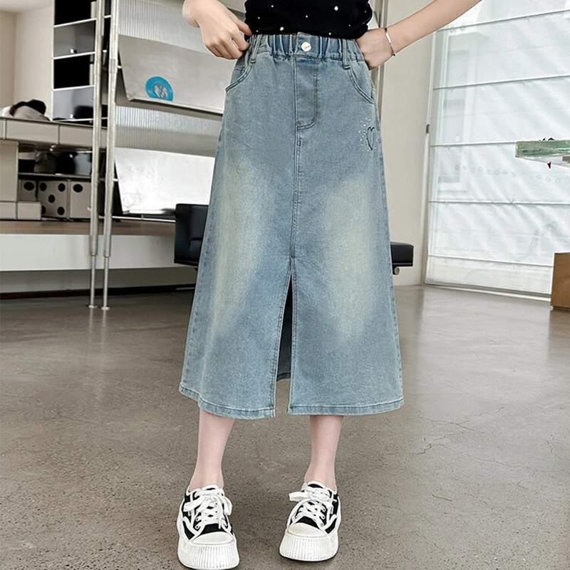 Elegant Kids Girl Heart Pattern Long Denim Skirt with Slit New Summer Tweens Child Casual Jeans Skirt with Rhinestones Age 5-14Y