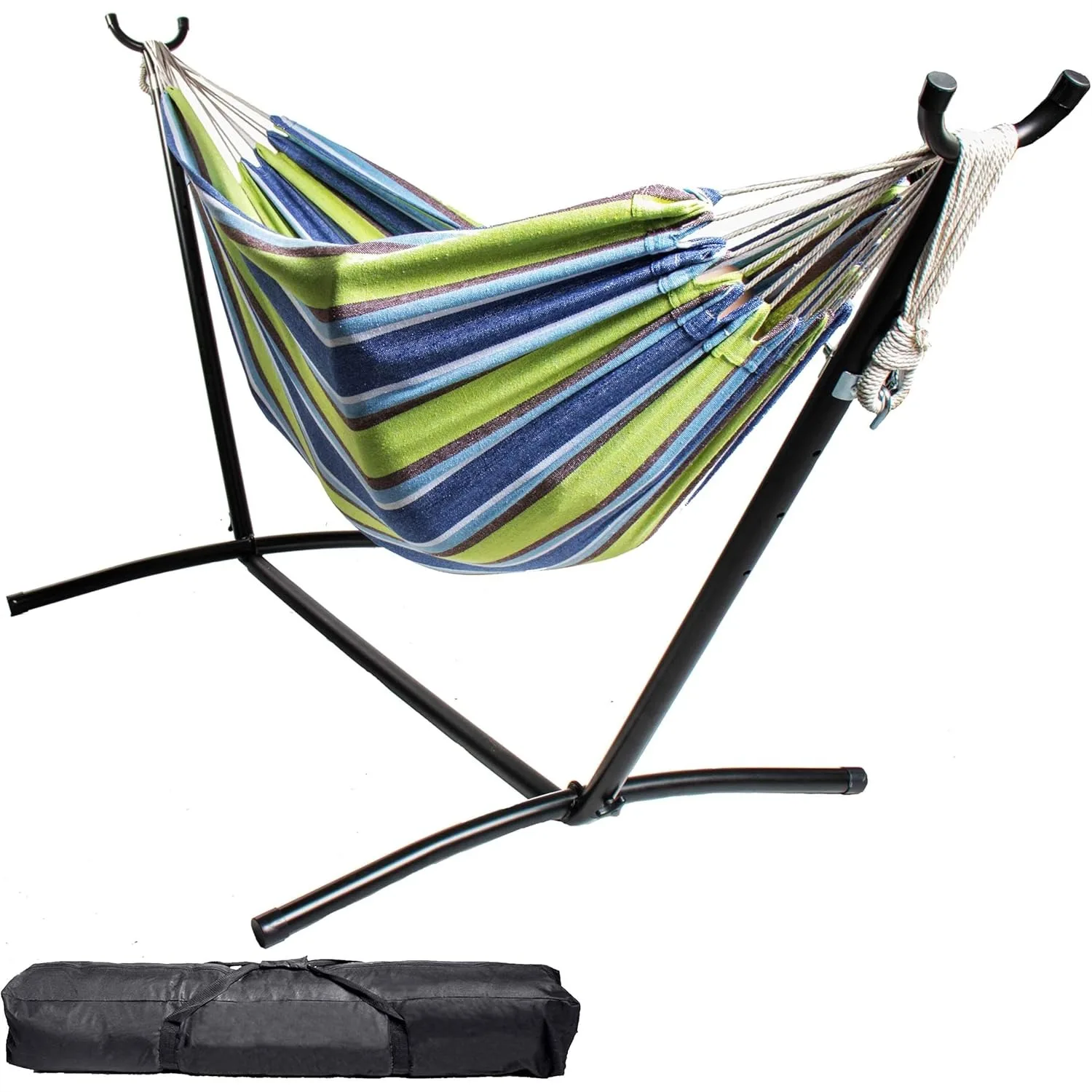 

Double Camping Hammock with Steel Stand, Adjustable Height, Ultra Soft Cotton Blend, 550 lb Capacity, Portable