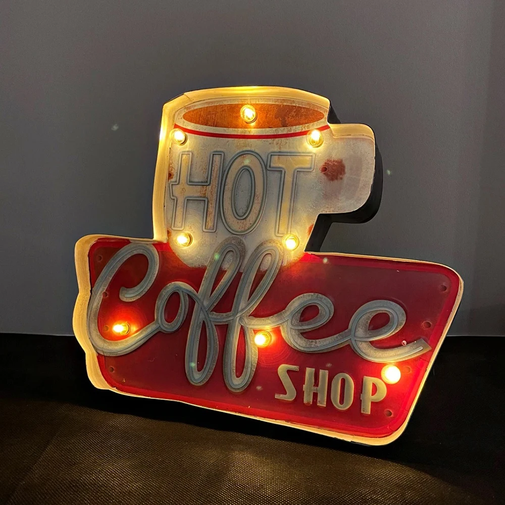 Coffee Sign, Retro Tin Vintage Decor Signs, Handmade Light Up Metal Sign, for Cafe, Bar, Kitchen, Living Room 13.97