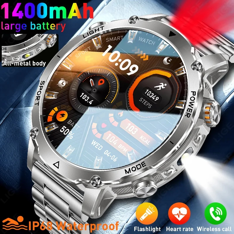

LED Flashlight Smart Watch Outdoor Sport 1400mAh Big Battery 2.01"HD Screen Bluetooth Call Waterproof Smartwatch Men 2026 New