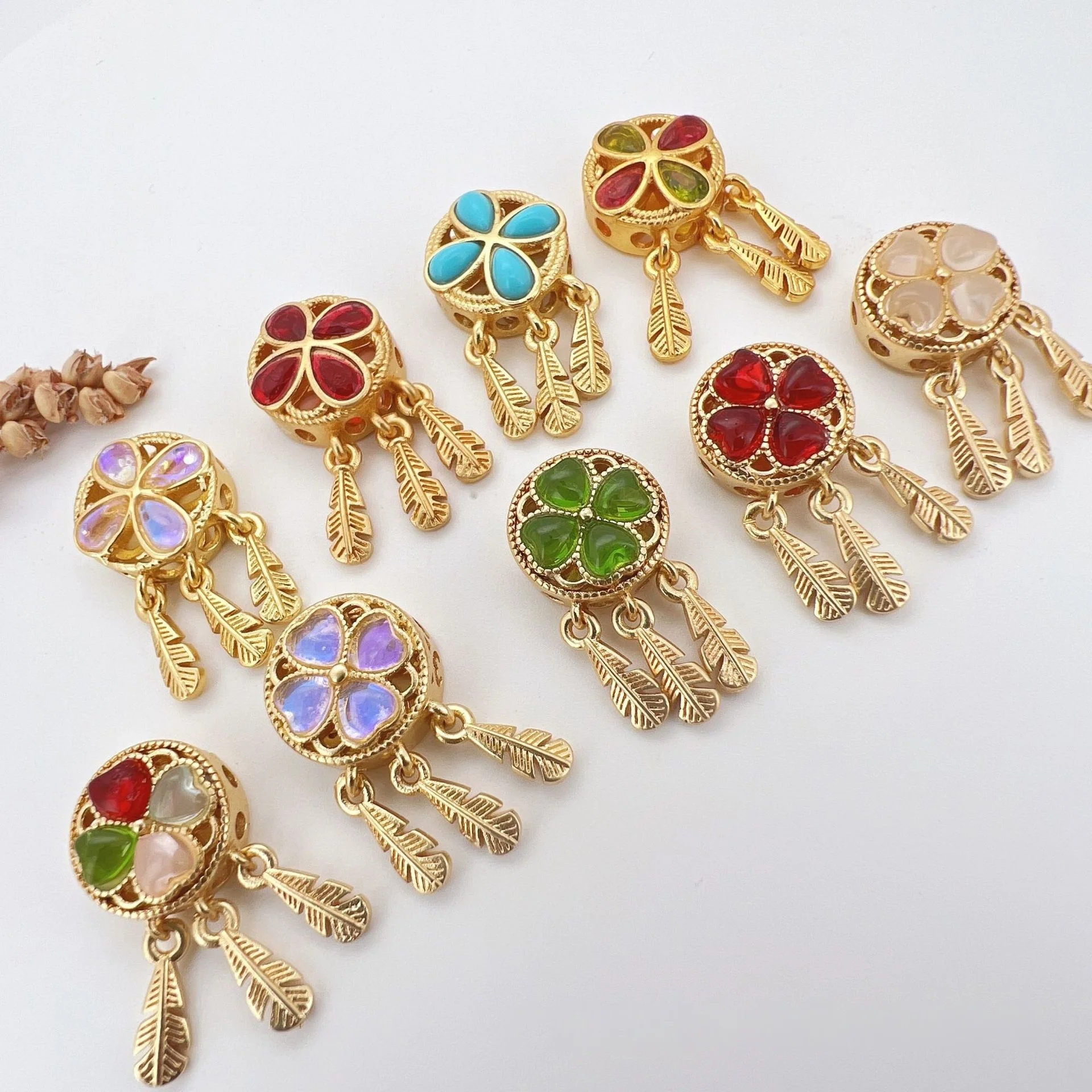 7 Pieces Copper Gold-plated Inlaid Moonstone Dreamcatcher Pendant Spacer Beads Diy String Necklace Jewelry Accessories Wholesale