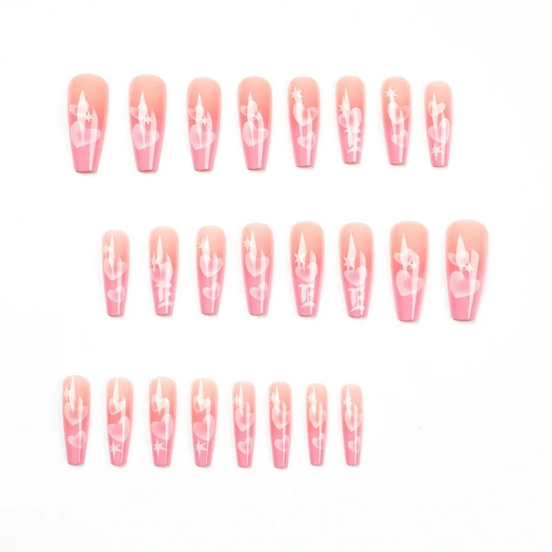 Extra-long Water Pipe-shaped Fake Nail Art Wearable Pink Heart-shaped False Nails Set ABS Plastic Removable Press on Nails 24Pcs