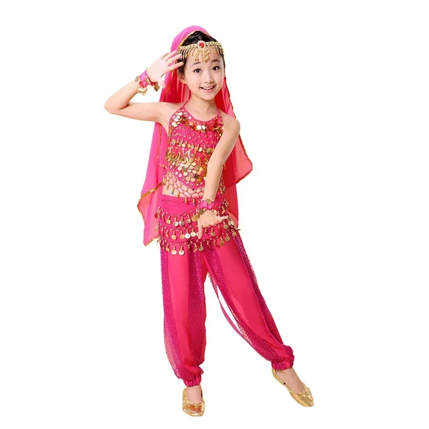 Children Belly Dance Costume Girls Sequin Stage Performance Indian Oriental Clothes Kids Bollywood Dancing Halter+Legged Pants