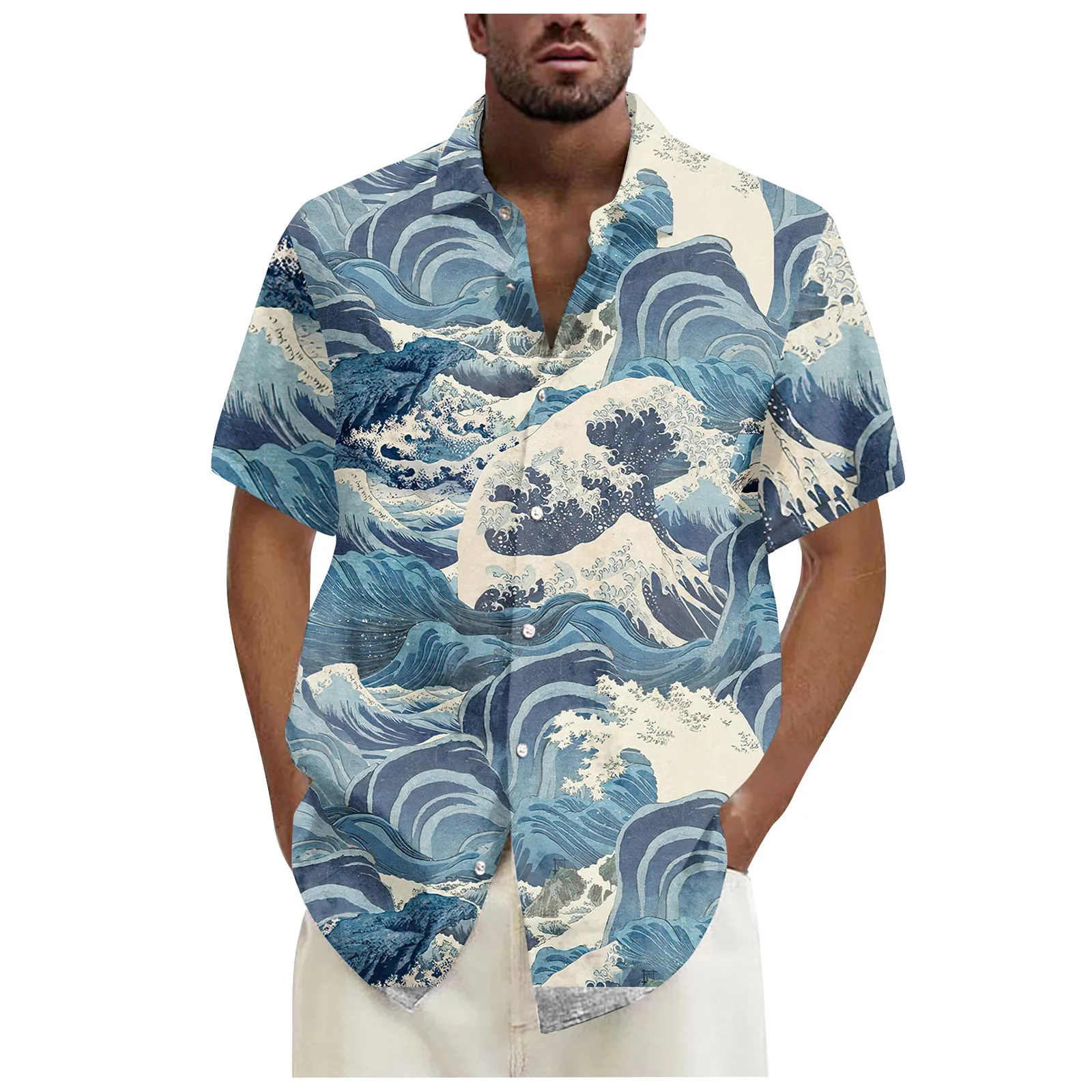 Summer 2024 Retro Beach Wave Print Men's Short sleeved Shirt Hawaiian Shirt Casual Fashion Top