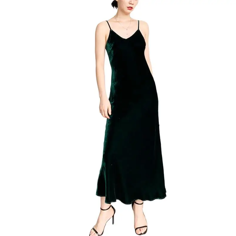 

Women's Spaghetti Strap Dress Vintage Elegant Long Party Vestidos Female Solid Velvet Bodycon Sexy Dresses
