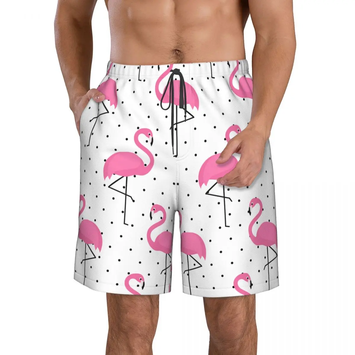 Pink Flamingo On Polka Dots Men Swimsuit Swimming Trunks Boxer Swim Beach Quick Dry Swimming Shorts