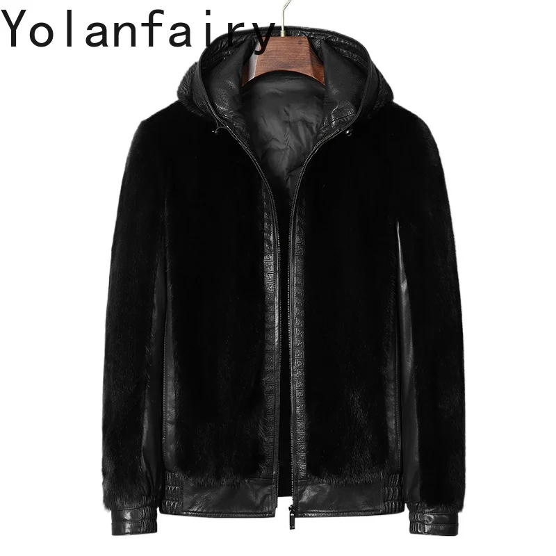 

YOLANFAIRY Natural Fur Coat Man Winter High-end Real Goatskin Spliced Mink Fur Jacket Hood Luxury Mens Leather Jacket Down Coats