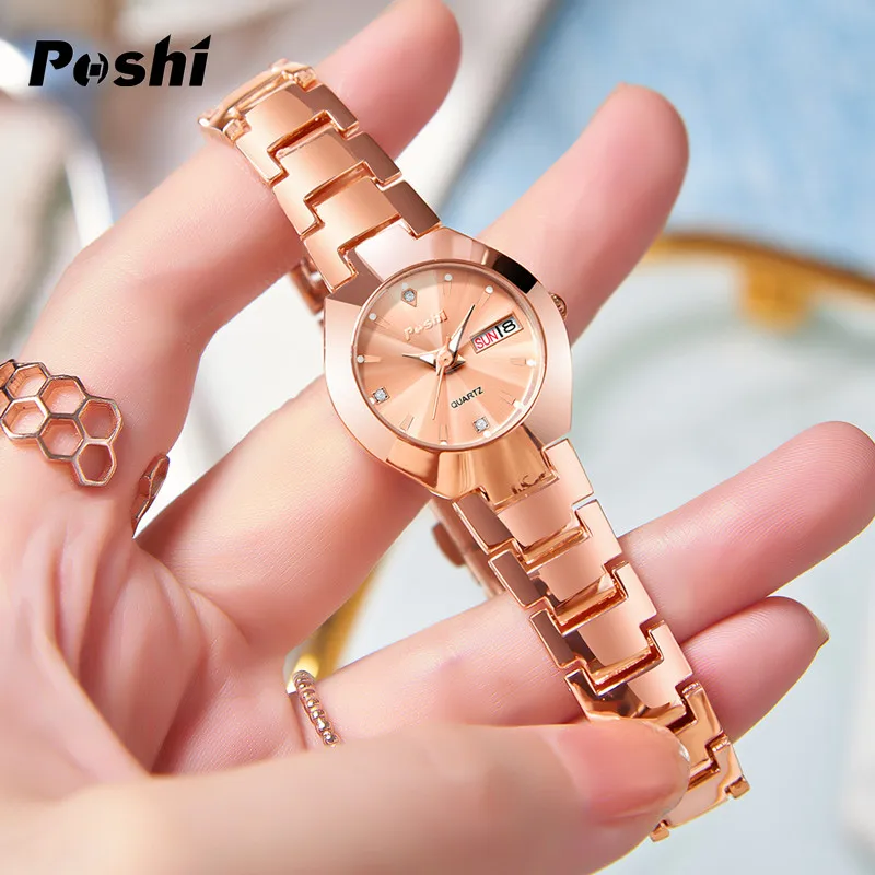 POSHI-reloj de cuarzo de marca suiza para mujer, pulsera elegante de acero inoxidable, sencillo, resistente al agua, luminoso, con fecha y semana,