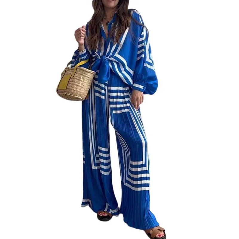 Faion Long Sve Cardigan aperto da donna Pantaloni a gamba dritta a vita alta Set da due pezzi Abito estivo casual Tessuto in poliestere