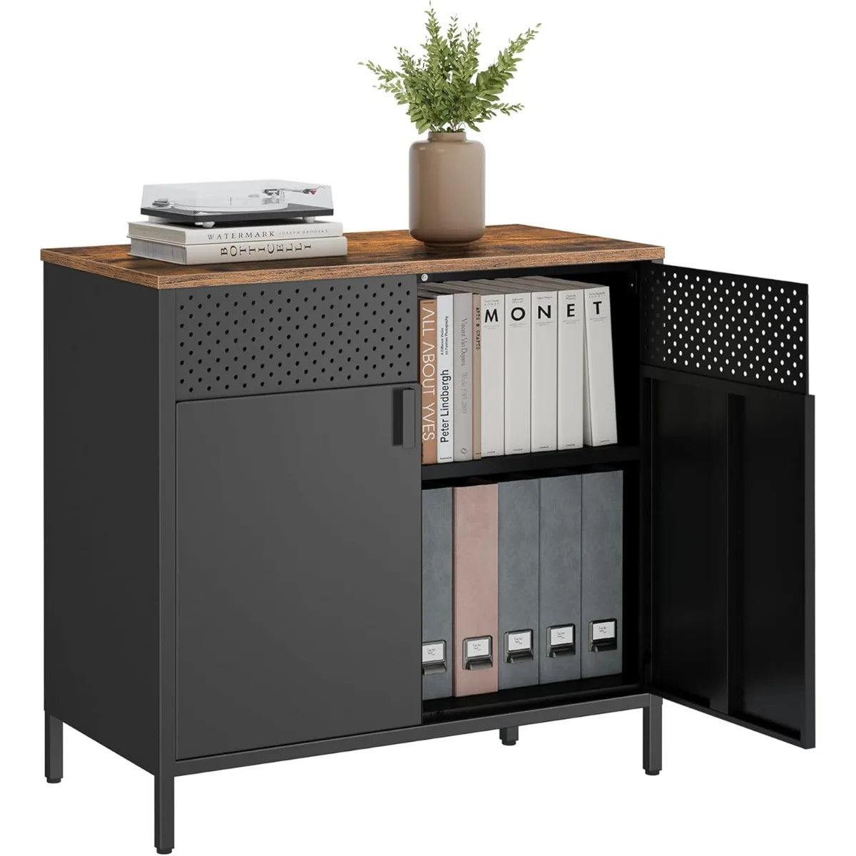 Spacious Metal Storage Cabinet Rustic Brown, Magnetic Doors & Adjustable Shelves for Home Office