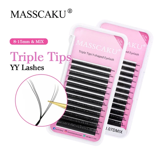 Imagen 1 del producto MASSCAKU-pestañas postizas con forma de YY, extensiones de pestañas suaves naturales, volumen brasileño, malla de red cruzada, rizo C/D, Triple punta