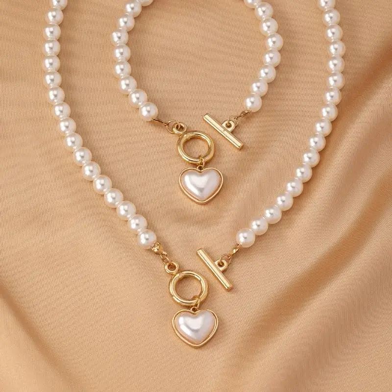 Cute Faux Pearl Necklace Bracelet Set 1/2Pcs Gold Toggle Clasp Heart Pendant for Date Night Accessory