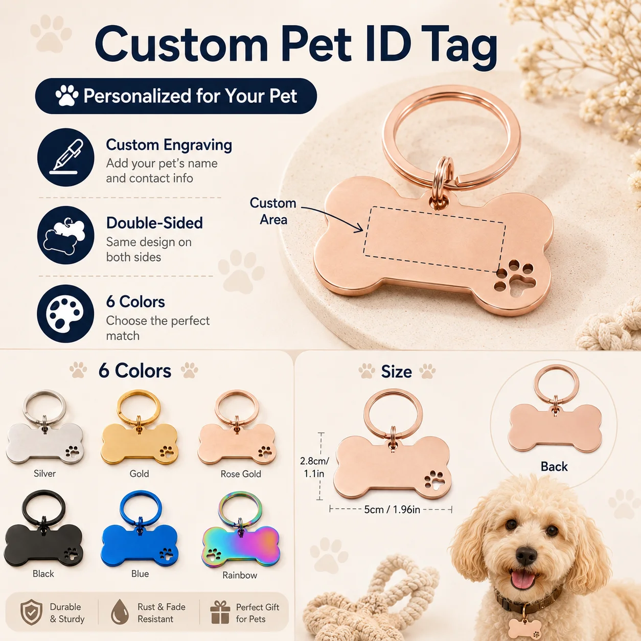 Personalisierte Hunde-Namensschilder, doppelseitig, mit individuellem Text, Knochenform, Edelstahl, Lasergravur, personalisierte Haustier-ID-Tags – Detail 8