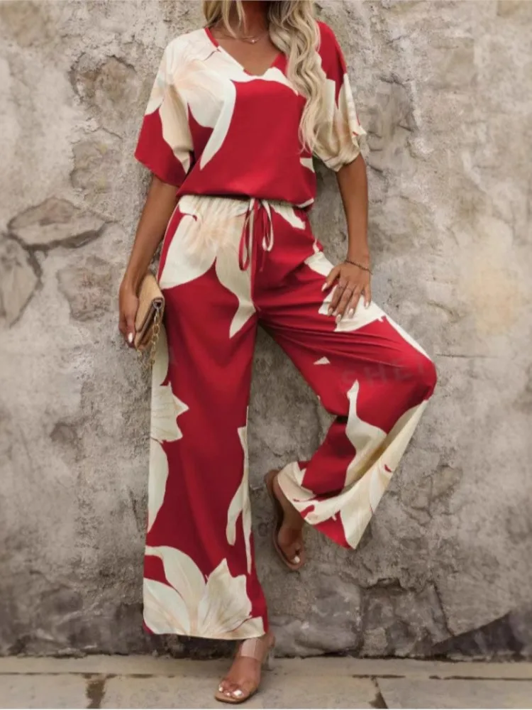 

Summer Fashion Printed Comfortable Casual Trousers Set Women's V-neck Loose Top Drawstring Wide-leg Trousers Two-piece Set