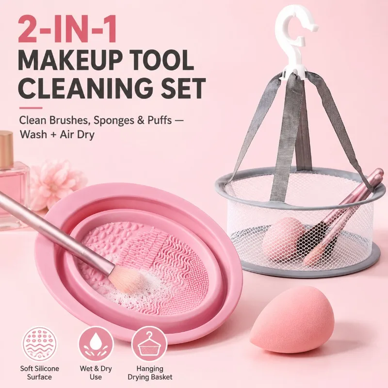 2-in-1 Silicone Makeup Brush Cleaner Bowl with Drying Basket, Foldable Beauty Sponge Puff Washing Pad for Travel Makeup Tools