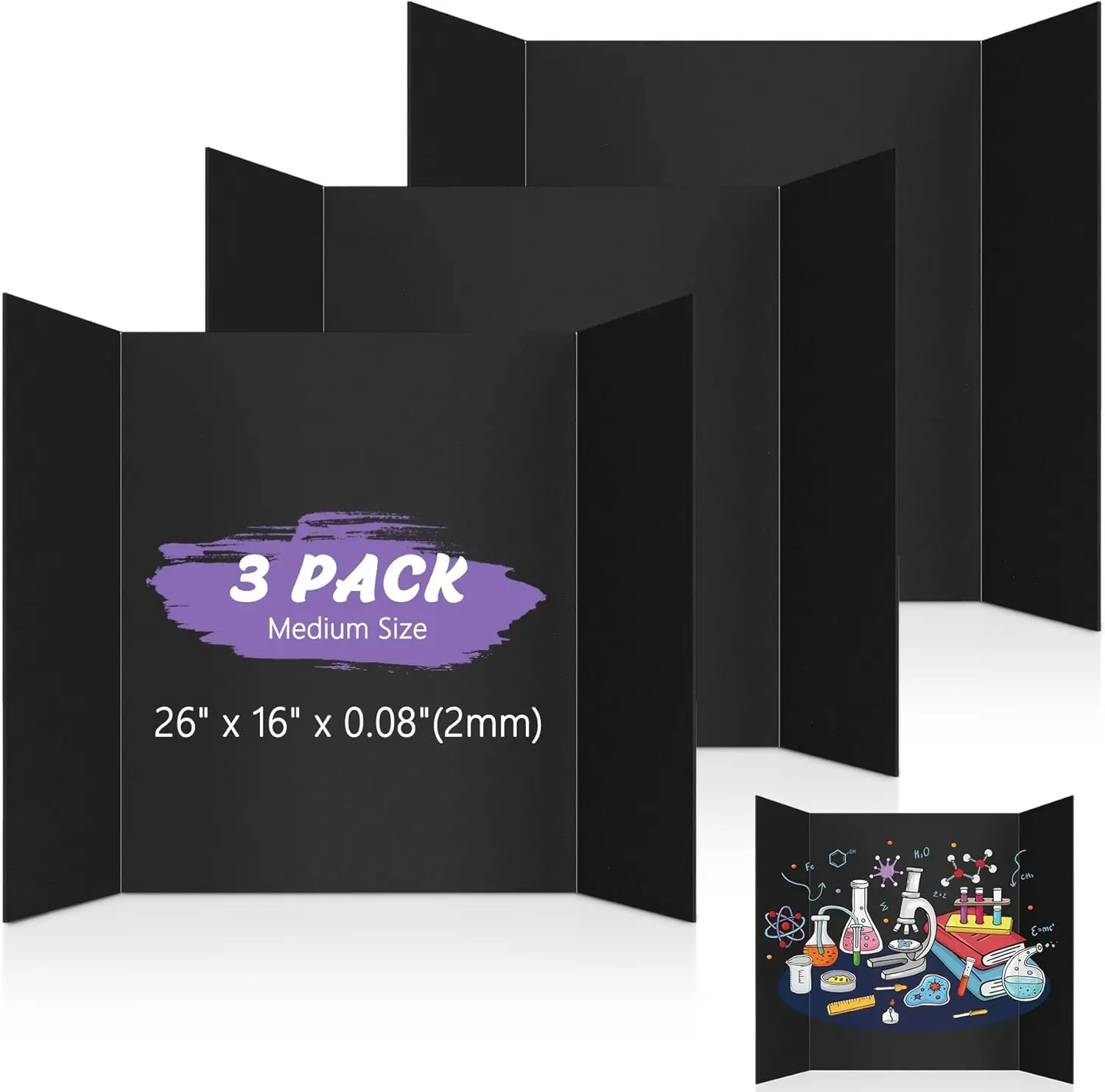 

3 Pack Trifold Poster Board 26x16in Black Corrugated Project Board for School Science Fair Presentation Display
