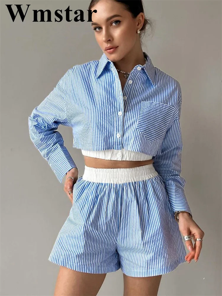 Wmstar Women Two Piece Set Summer Striped Short Sets Cotton Long Sleeve Shirts Loose Elastic Waist Mini Shorts Office Outfits