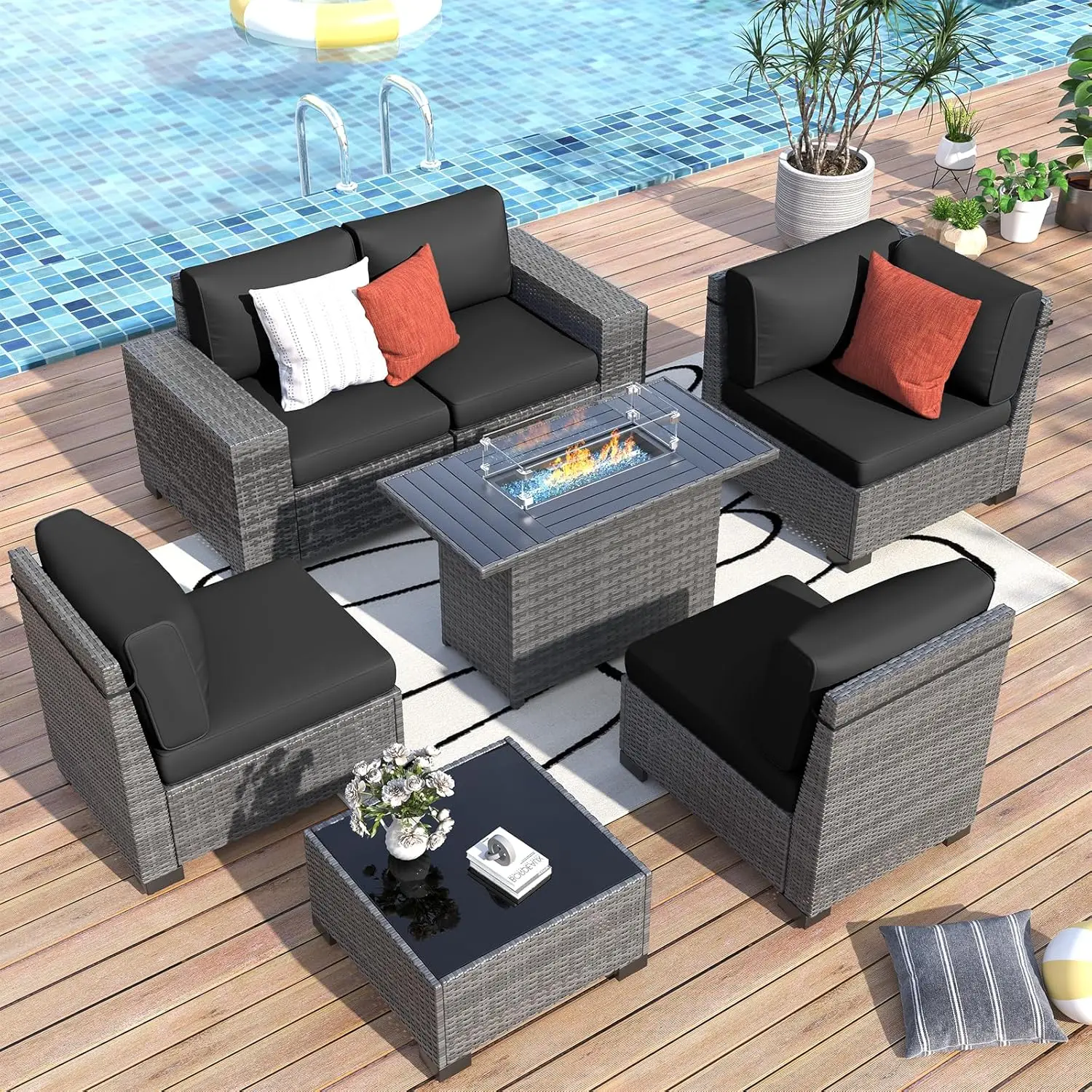 

Outdoor Patio Furniture Set with Fire Pit Table, Wide Sectional Rattan Sofa Set, Wicker Patior for Deck, Poolside, Porch