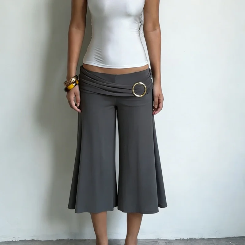 Y2k Metal Rings Capri Pants Shorts Ruched Mid Rise Sexy Bodycon Clubwear Party Summer Streetwear Casual Wide Leg Pants