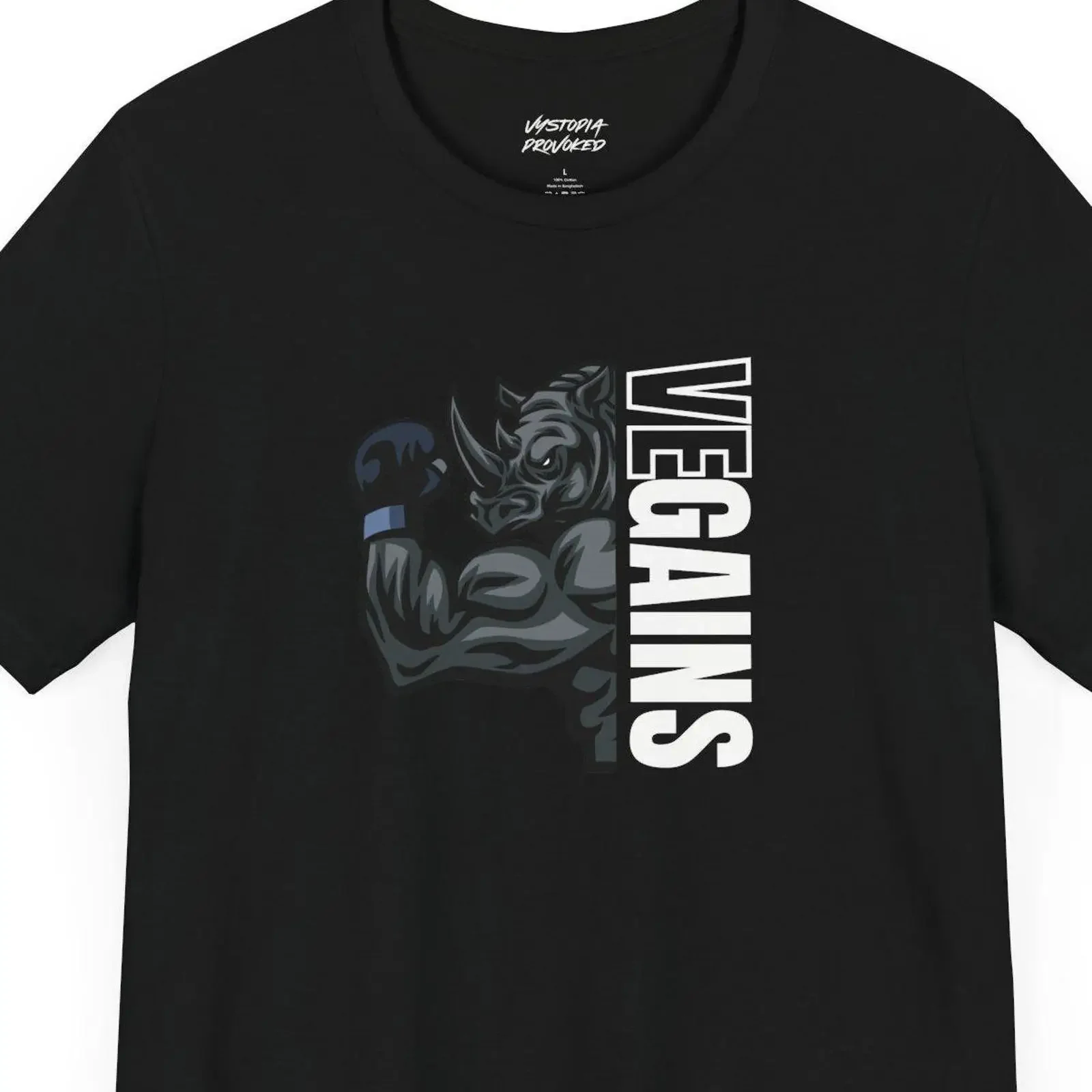 May include Black t shirt with a graphic of rhino wearing boxing gloves and the text VEGAINS in white vintage Washed