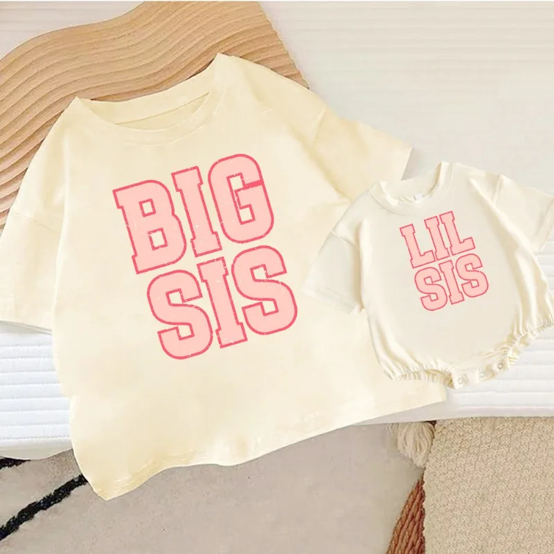 Big Sis/Little Sis Print Kid Retro Family Outfits Casual Child Sisters Outfit  Short Sleeve T-shirt+Romper Bubble Clothing