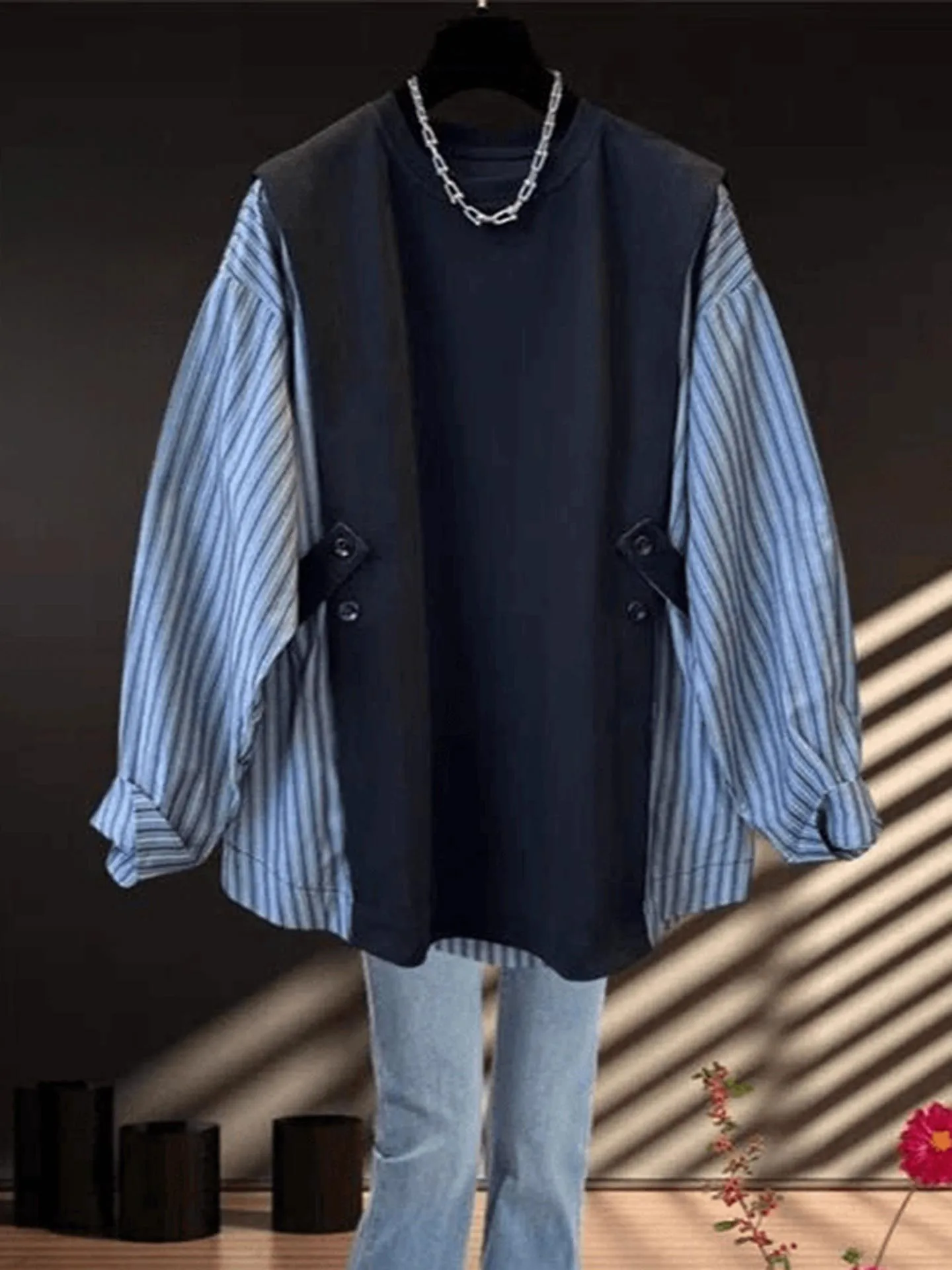 

Spring Autumn Vertical Stripe Shirt Top Women's High-End Feelings Fake Two-Piece Korean Style Commute Fashion Long Sleeve Blouse