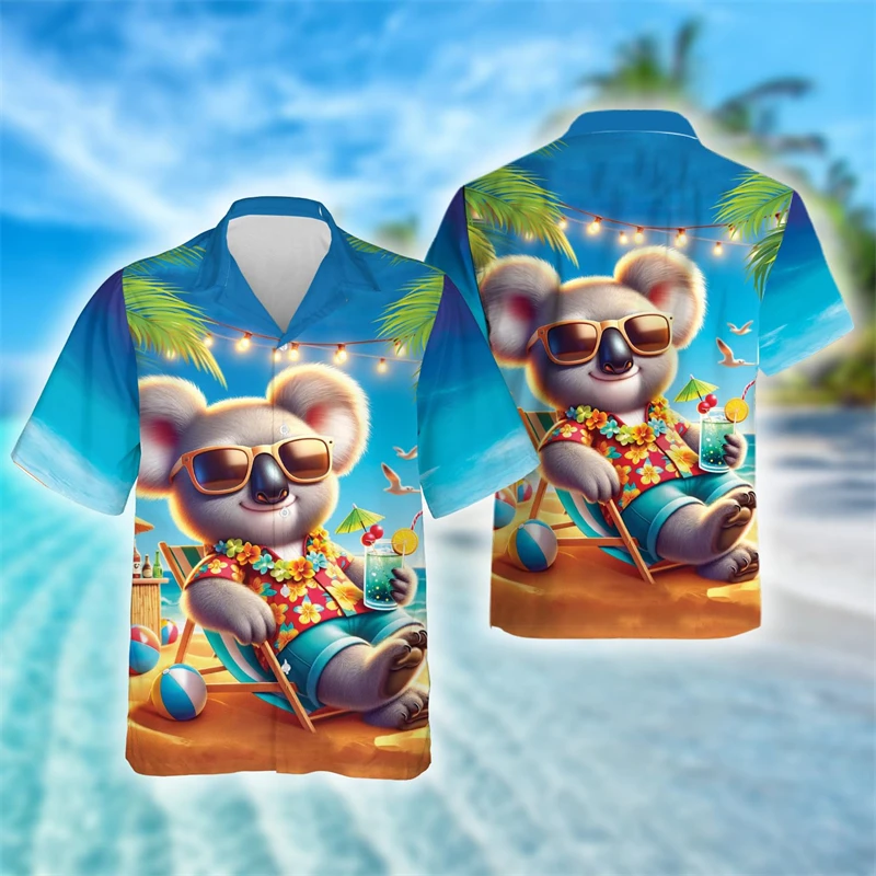 Camisas de Praia com Estampa de Urso Coala Fofo, Design Engraçado Kawaii, Blusa com Gola, Estilo Havaiano Aloha para Férias, Blusas Femininas com Esta
