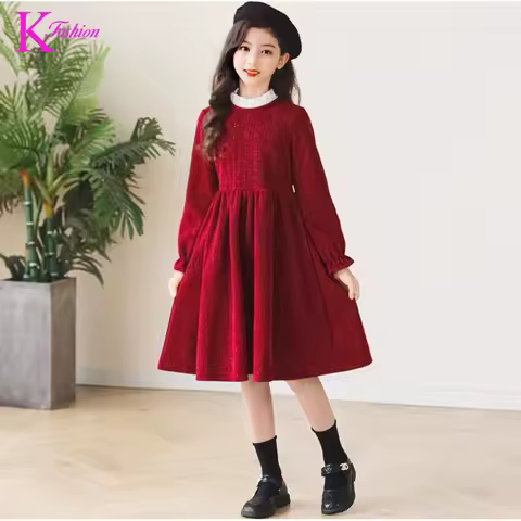 Girls Dress New Year Clothes Fashion Girls Red Color Christmas Dress 3-13Y Kids Evening Wear