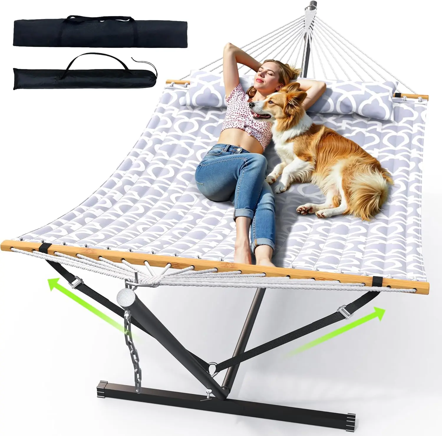 Hamaca Resistente para Exteriores para Dos Personas con Soporte, Capacidad de 500 Libras, Estructura de Acero Estable y Correa de Equilibrio, Montaje sin Herramientas, Perfecta para Patio, Jardín, Terraza, Playa, Blanco Gris