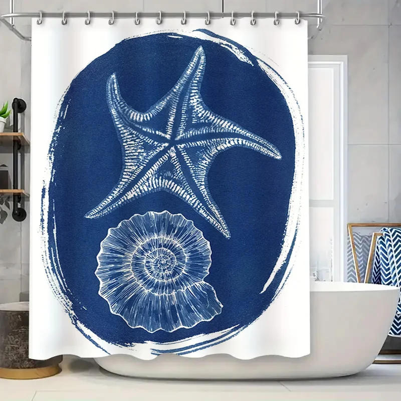 Cortina de ducha de vida marina azul con diseño de estrella de mar para decoración de baño en el jardín del hogar