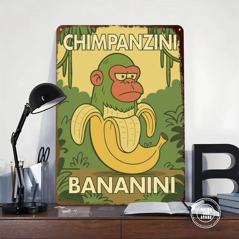 Chimpanzee in Banana Cartoon Illustration 3D Printed Texture Poster Personalized Wall Art Retro Metal Tin Signs for Desk Decor