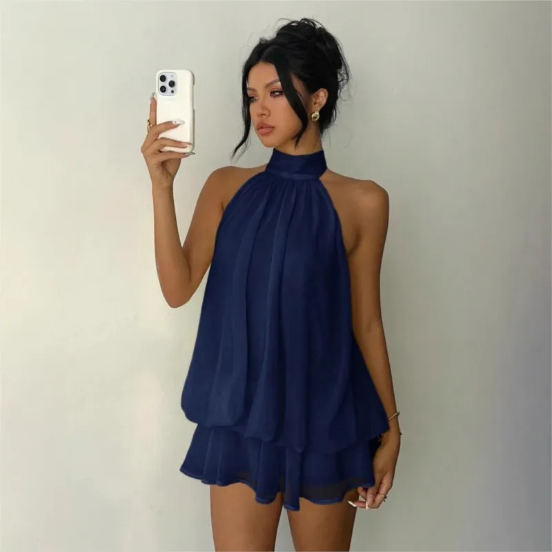 Mini Vestidos 2026 Woman Dress Vestido Dresses Temperament Hot Girl Style Neck Halter Backless Slim Ruffles Sleeveless Fashion