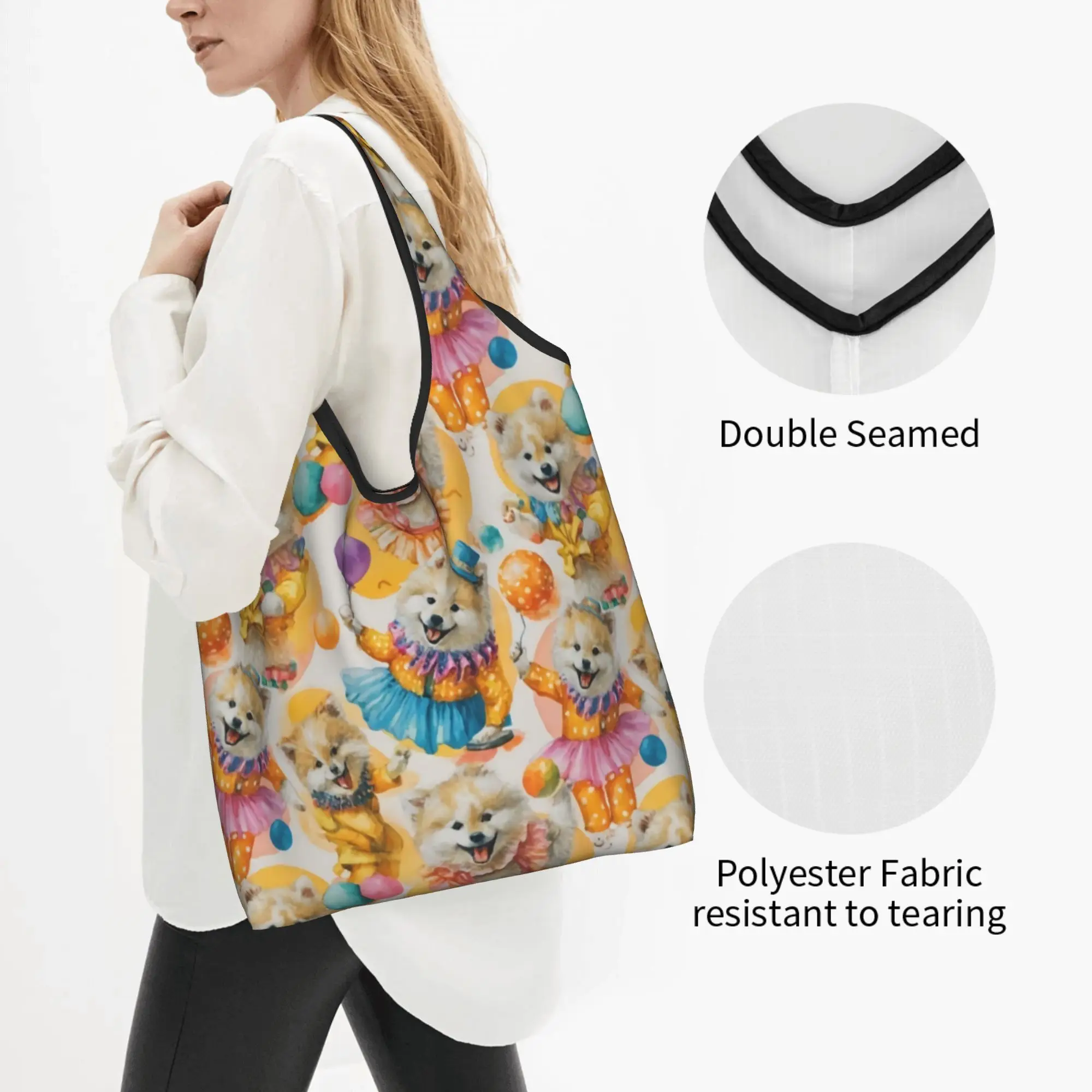 Cute Pomeranian Circus Aesthetic Pomsky Shopping Tote Bag Portable Dog Lover   Groceries Shopper Shoulder Bag