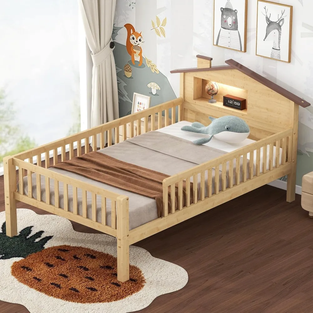 Letto singolo per bambini con testiera e guardrail a forma di casa, struttura letto con doppia piattaforma in legno con contenitore integrato e luce a LED