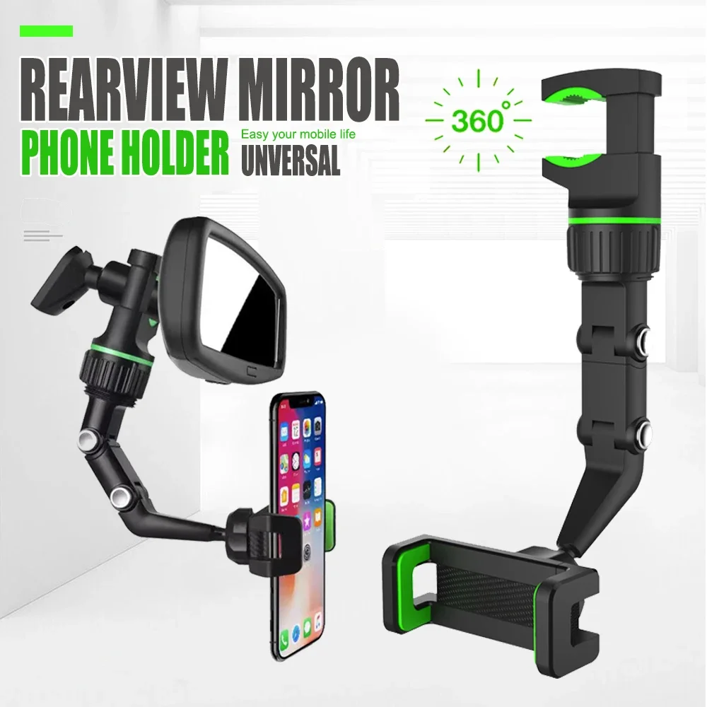 

Unversal Vehicle Rearview Mirror Phone Holder 360 Degree Adjustable Telescopic Clamp Arm Fit for 50-100mm Wide Phone