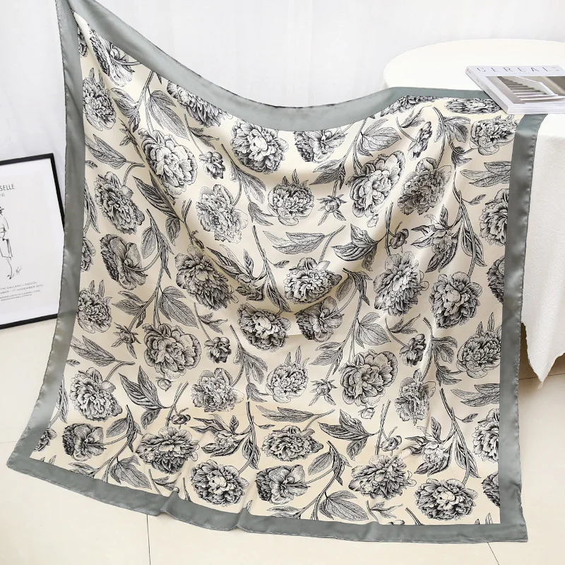 Spring Autumn Flower Printed Scarf Square Travel Beach Ladies Fashion Imitated Grey Silk Shawl Hijab