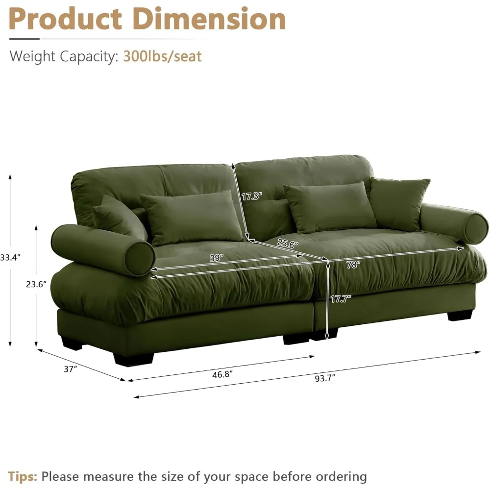 Canapé sectionnel modulaire respirant, canapé nuage confortable en velours, causeuse avec 4 oreillers, accoudoirs à traversin rond, 93.7 po