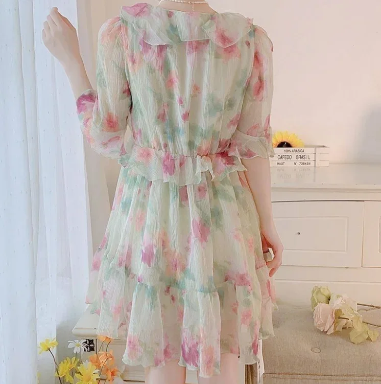 Vestido urbano de estilo francés para mujer, vestido elegante de estilo de hadas con estampado Floral fresco, cuello en V, manga corta, cintura alta, corte en A