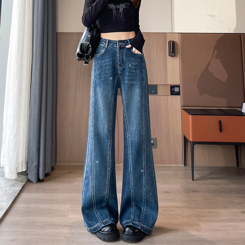 Women High Waist Wide Leg Jeans Hotfix Rhinestone Decor Vintage Denim Pants Loose Bootcut Trousers Patchwork Casual Streetwear