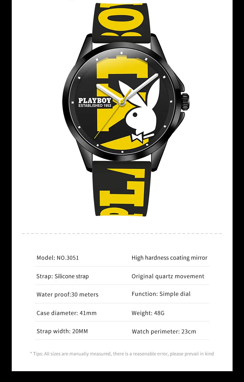 PLAYBOY Luxury Brand Watch for Men Casual Waterproof Quartz Men\'s Watches Silicone Strap Sports Elegant High-end Man Wristwatch