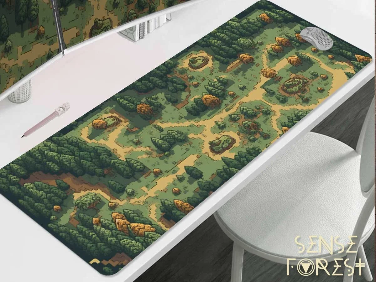 Retro Gaming Green Forest Pixel art desk mat Beige brown green large mouse pad Cute War Game wrist rest desk decorative