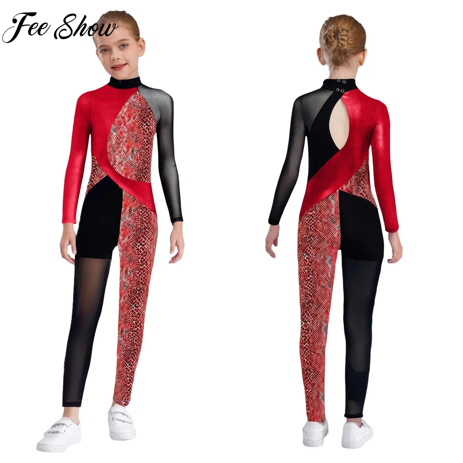 

Children's Figure Skating Dance Jumpsuit Ballerina Gymnastics Leotards Bodysuit Long Sleeve Snakeskin Printed Bodysuit Dancewear
