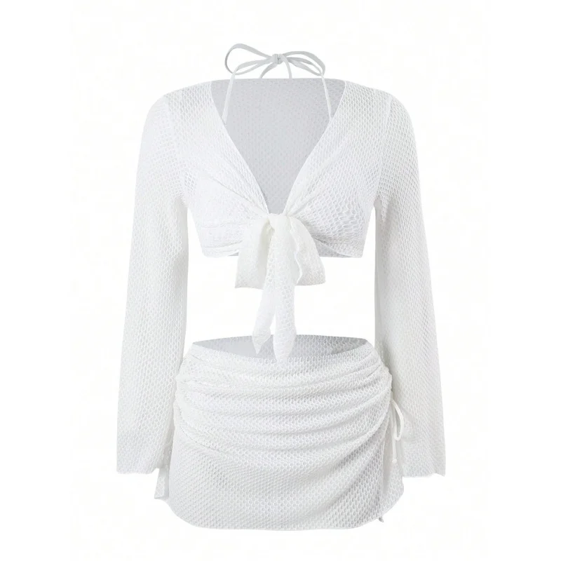 2025New Style Four-Piece Set White Simple Halter Tie Sexy Bikini Swimsuit Pure Desire Women